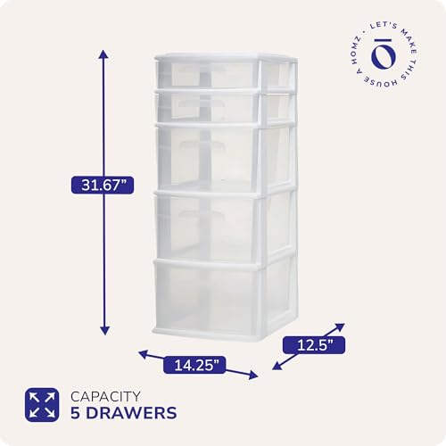 HOMZ 5-Drawer Storage Cart - White Frame, Clear Drawers, Medium Plastic Organizer