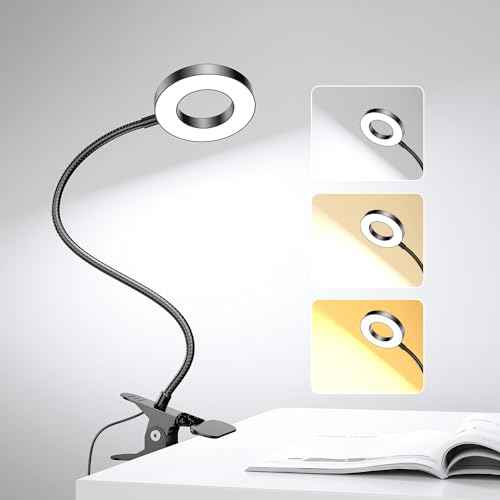 LED Desk Lamp Clip on Light with 3 Color Modes 10 Brightness Levels, 360 Flexible Gooseneck, Eye Protection, USB Charging, Black