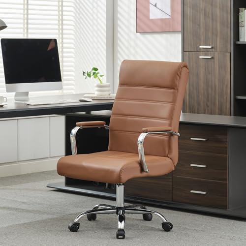 Bowthy Brown Leather Office Desk Chair - High Back Swivel Executive Chair with Adjustable Height & Armrests