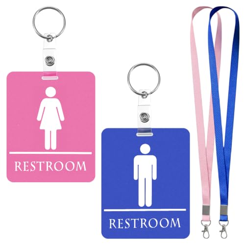 2-Pack Classroom Bathroom Passes with Keychain & Lanyard - Pink & Blue