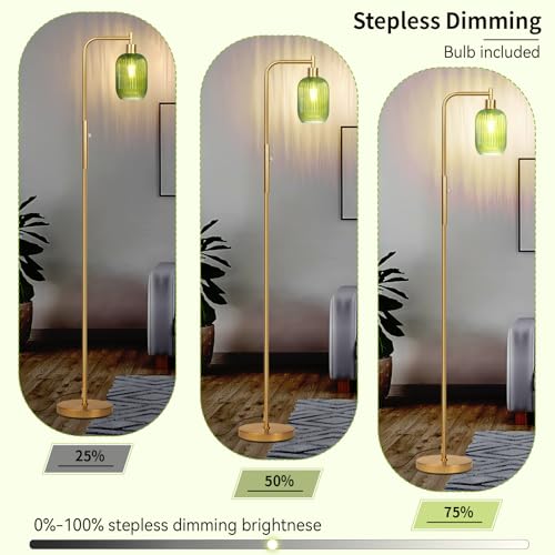 Dimmerable Glass Floor Lamp for Living Room,Modern Standing Lamp with Green Ribbed Glass Lampshade,Gold Plated Tall Lamp for Bedroom Reading Room Office,Dimmer LED Bulb Included.