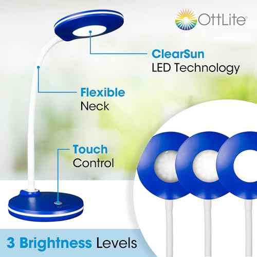 OttLite Study LED Desk Lamp ? Touch Activated Controls, 3 Brightness Settings, ClearSun LED, Adjustable Neck, Modern Design for Work, Office, or Learning