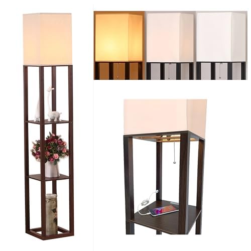 HomeFocus - LED Floor Lamp with Shelves,Floor Lamp with USB Charging,Shelf Floor Light,Corner Display Lamp for Living Room,Bedroom and Office,Wood,Brown.