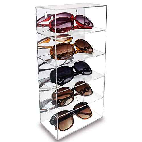 Ikee Design 5-Level Mirrored Back Acrylic Display Case, Collection Display Case for Mini Funko Pop Figures, Acrylic Eyewear Sunglasses Rack, Freestanding or Wall-Mounted, Clear Color