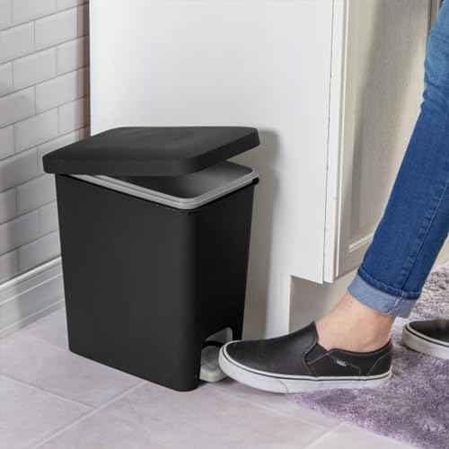 Sterilite 2.7 Gallon Rectangular StepOn Wastebasket with Lid, Small Plastic Trash Can for the Bathroom, Bedroom or Home Office, Pedal and Liner, Black, 2-Pack