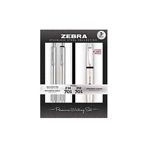 Zebra Pen Premium Steel Writing Set, PM-701 Permanent Marker, F-701 Ballpoint Pen, M-701 Mechanical Pencil, 3-Pack