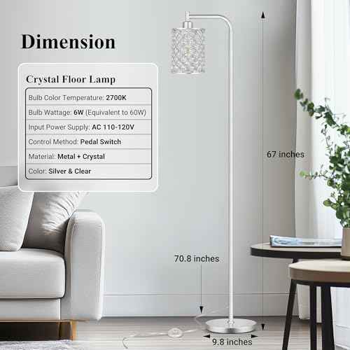 QiMH Industrial Floor Lamp for Living Room, Modern Standing Lamp with Crystal Lampshade Pedal Switch, 67¡± Tall Lamp for Bedroom Study Room, Silver (2700K LED Bulb Included)