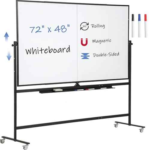 Large Magnetic Mobile Whiteboard 72"x48", Rolling Double Sided Stand Whiteboard on Wheels, Reversible Adjustable Height/Angle Dry Erase Board 6' x 4' Easel White Board for Office Classroom, Black