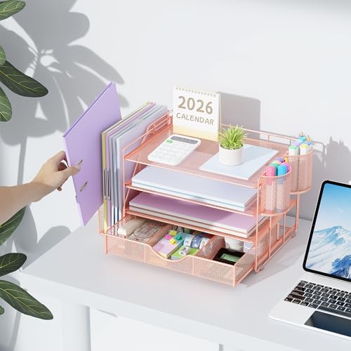 Gianotter Rose Gold 4-Tier Desk Organizer with File Holder, Pen & Drawer Storage