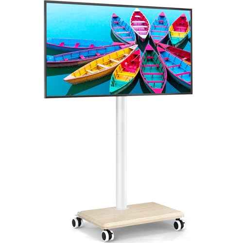 Rfiver Rolling TV Stand for 32 to 55 60 Inch TVs up to 88lbs, Height Adjustable Mobile TV Stand with Wood Base, Space-Saving Design Tall TV Cart Floor Stands for Living Room, Bedroom, Corner (White)