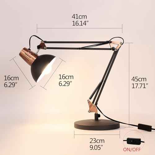 FIRVRE Black Retro Metal Swivel Arm Desk Lamp Adjustable Architect Morden Table Lamp High Task Lamp with Switch for Bedroom Study Room Home Office