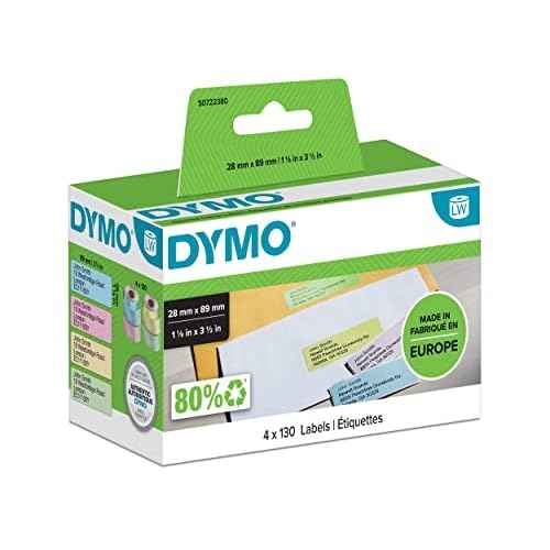 Dymo 28 mm x 89 mm LW Address Labels, 4 Rolls of 130 Easy-Peel Labels (520 Labels), Self-Adhesive, for LabelWriter Label Makers, Authentic, Assorted Colours