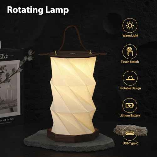 Ba sus Wooden Rotating Table Lamp, Warm Light Design with Leather Handle, Long Press Dimming Function, Built-in Battery & USB Rechargeable, Adjustable Heights for Bedroom, Living Room, Camping