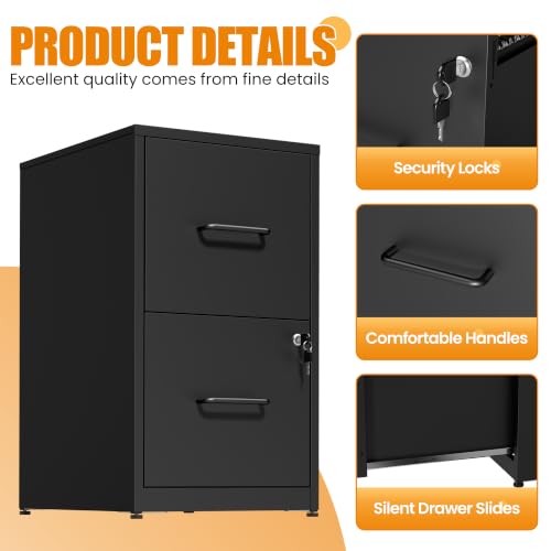 Yukimo 2-Drawer File Cabinet with Lock — Metal Vertical Filing Cabinet for Home Office, Hanging Legal/Letter/A4, Assembly Black