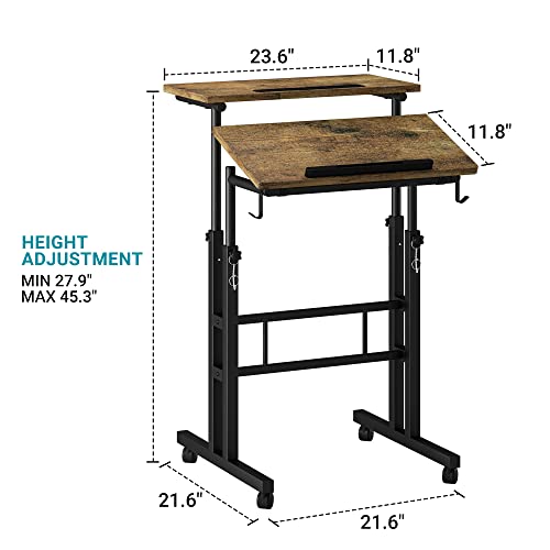 Klvied Rolling Mobile Desk with Cup Holder, Portable, Adjustable Height Small Stand up Desk on Wheels for Home Office Laptop Cart, Computer, Standing or Sitting,Oak