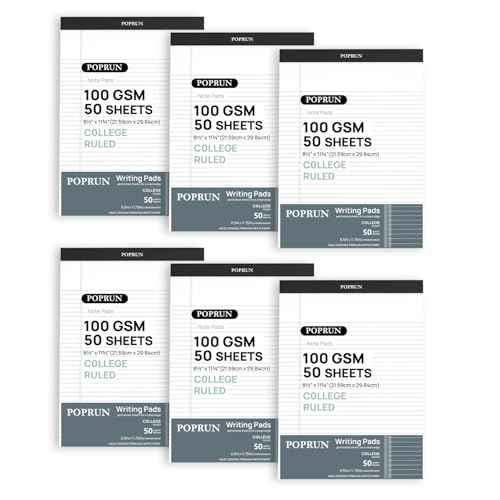 POPRUN White Legal Pads 8.5 x 11.75 College Ruled, 100GSM Writing Paper Pad, Bulk Lined Notepad Notebooks for Work School, Classroom Office Supplies, 6 Pack