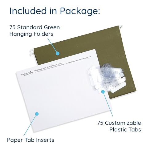 Blue Summit Supplies Hanging File Folders, 75 Pack, Reinforced Hanging Folders Letter Size, Standard File Folders for Filing Cabinet, Hanging File Organizer, Green