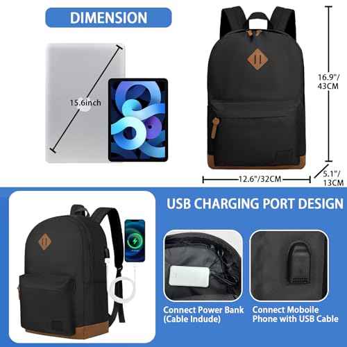 Goloni Classic Backpack with USB Charging Port,Water Resistant Anti-Theft Travel Backpack for Men & Women,Laptop Backpack,Fits 17.3 Inch Laptop,Black