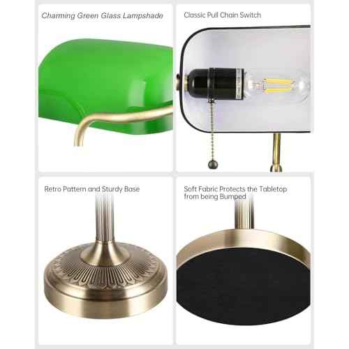 Newrays Glass Bankers Desk Lamp with Pull Chain Switch Plug in Fixture (Green-Simple, Simple Style)