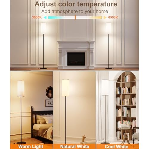luckystyle Dimmable Floor Standing Tall Lamp, 12W Led Bulb with Lampshade, Foot Switch, Remote Custom Color Temperature Pole for Bedroom, Office, Kids & Living Room, Black