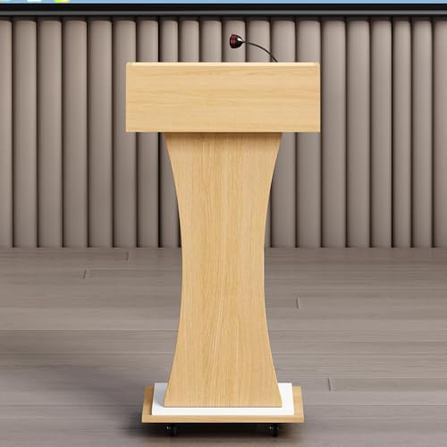 Oak Mobile Wooden Podium Lectern with Lockable Wheels, Storage—Xibolai