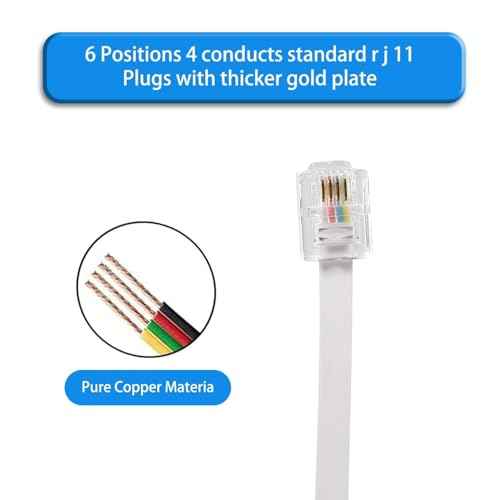 Long Telephone Extension Cord 20 FT, White, Phone Cable Line Wire with Standard RJ11 Plug, 1 Phone Line Splitter, 1 in-line Coupler and 15 Cable Clips for Telephone Calling Communication