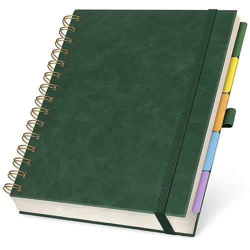 Hardcover Leather Lined Spiral Notebook 8x10" with Removable Dividers - Green - 300 Pages 5 Subject College Ruled Notebook for Work with Tabs, Pockets, and Pen Loop for Note Taking, Large Journal