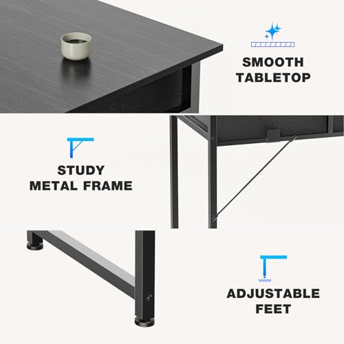 OLIXIS 32 Inch Small Desk with Drawers, Home Office Computer Desk with Storage Bag and Headphone Hook, Study Writing Table with Adjustable Feet for Bedroom, Black
