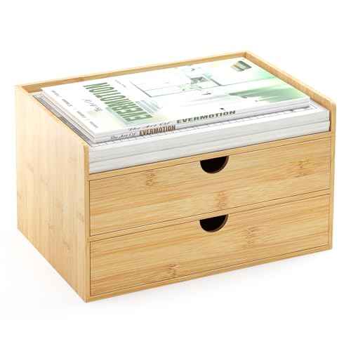 Desk Organizer with Drawers - Bamboo Desktop Organizer Storage | Wood Desk Drawers Organizer for Bills, Office Supplies, Cosmetics, Seals No Assembly Required (2 Drawer)