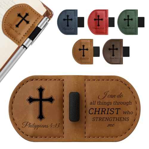 Bygone Mark Personalized Magnetic Leather Bookmark with Pen Holder - Inspirational Bible Verse Scripture Design, Custom Book Marker for Book Lovers Men Women (Brown-Philippians 4:13)