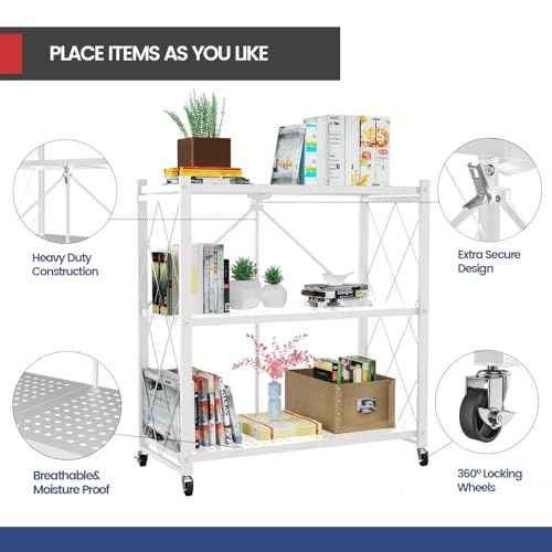 Foldable Storage Shelf with Wheels - Metal Collapsible Shelving Unit Display, Rolling Cart for Books Kitchen Storage Shelves, Pantry & Closet Organizer, Office Room Decor