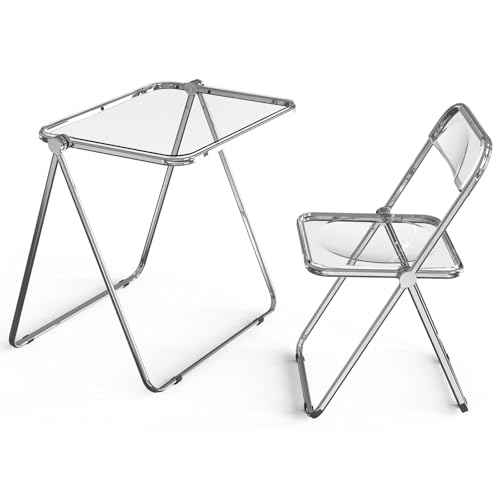 VINGLI Folding Acrylic Table and Chair Set Small TV Tray for Snack Dinner on Couch, Tiny Foldable Desk Writing Desk for Home Office for Small Spaces