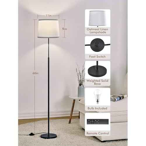 60" Modern Floor Lamp for Living Room Bedroom, Standing Lamp with White Linen Lampshade, Remote and Foot Switch, Tall Lamp with A19 9W 3000K-6000K Color Temperature 10%-100% Brightness Dimmable Bulb