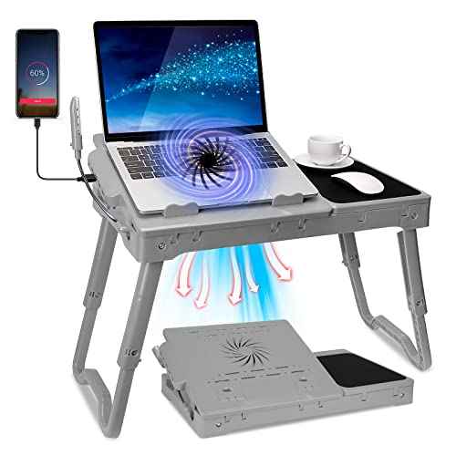 Grey Foldable Laptop Table with Cooling Fan, Adjustable Lap Desk and Mouse Pad, 4 USB Ports for Bed, Couch, Sofa, Floor