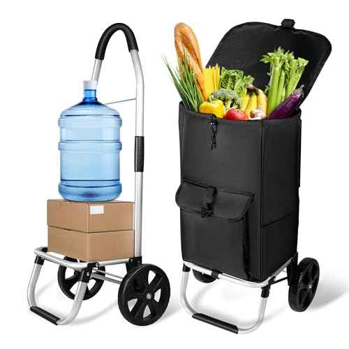 2 in 1 Shopping Cart, 330 lbs Grocery Cart on Wheels, Foldable, Load-Bearing Hand Truck with Black Waterproof Bag for Shopping, Moving, Groceries, Luggage,Office.