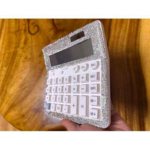 Rhinestone Crystal Calculator - Standard Desktop Calculator with 12 Digit LCD Display, Battery & Solar Powered, Bling Design for Women & Girls (White)