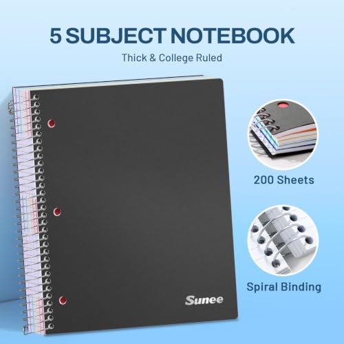 SUNEE Black College Ruled Notebook 400 Pages, 9x11 with 5 Dividers & 3-Hole Punched