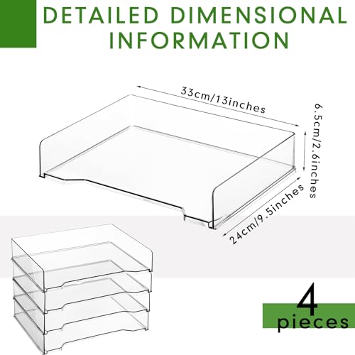 4 Pcs Stackable Letter Tray Rectangular Plastic Desk Organizer 13 x 9.5 x 2.6 in Paper Holder File Tray Accessories Rack for Desktop Office Desk Drawers (Clear)