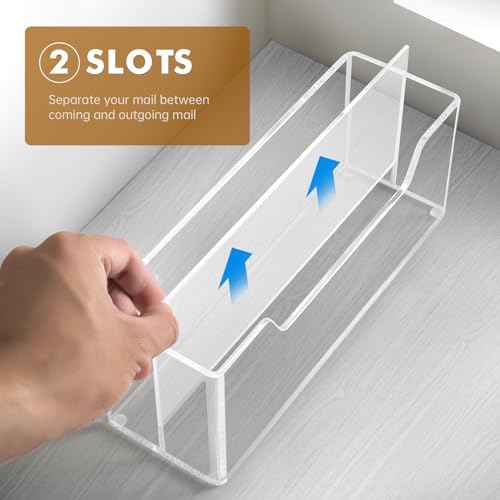 BEYGORM Acrylic Mail Organizer for #10 Envelopes, 2-Slot Wall-Mounted & Countertop Letter Holder, Clear Hanging Mail Rack for Home Office
