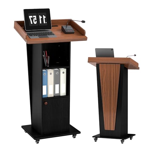 Podium Stand with Wheels & Cabinet, 15° Tilted Tabletop – Black Brown Variation
