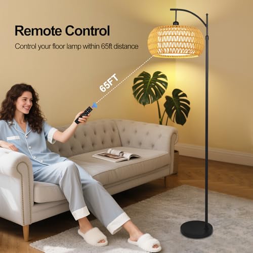 ZECOXOL Yellow Rattan Boho Floor Lamp with Remote & Dimmable LED, 12 Inch Shade