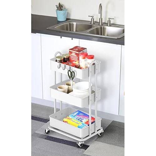 Simple Houseware 3-Tier Heavy Duty Metal Utility Rolling Cart, White