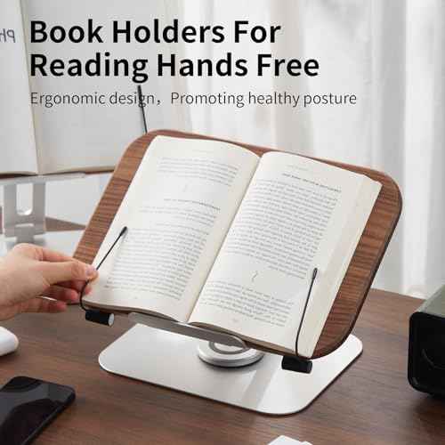 Book Stand for Reading, Mayhas Adjustable Book Holder with 360¡Æ Swivel Base&Page Clips, Foldable Desktop Stand for Cookbook, Fits All Books (Walnut, Aluminum Base)