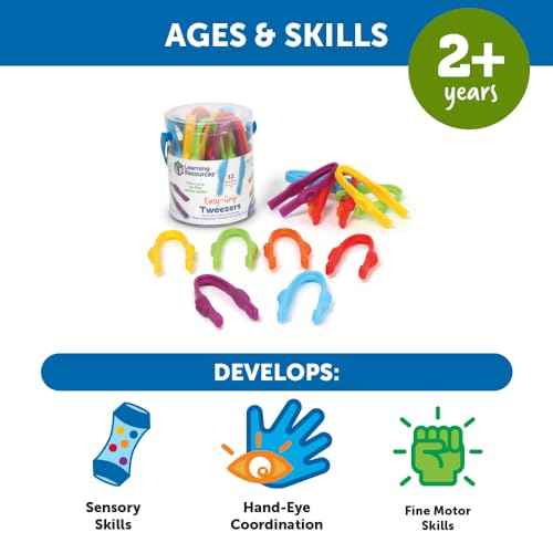 Learning Resources Easy-Grip Tweezers, 12 Pieces, Ages 2+, Preschool Learning Activities, Teacher Supplies for Classroom, Montessori Toys