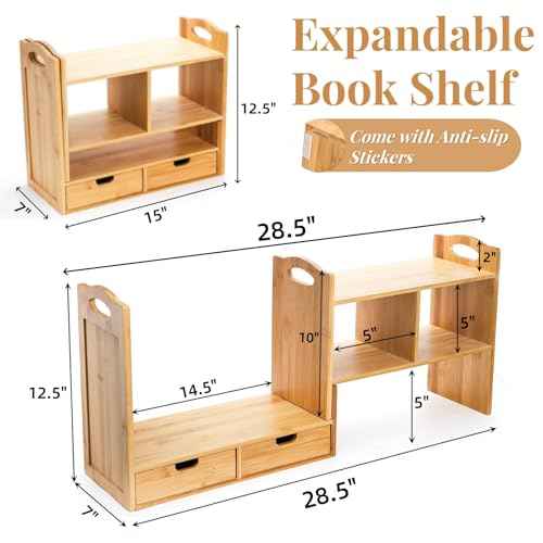 Bamboo Desktop Bookshelf, Expandable Counter Bookcase, Storage Shelves Rack Organizer with Anti-Slip Pads, Cute Small Desk Display Cubby Top for Office Supplies, No Assembly Needed