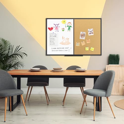 JILoffice 36 x 24 Inch White Board & Corkboard Combo Wall Mount Magnetic Whiteboard with Black Aluminum Frame and 10 Push Pins