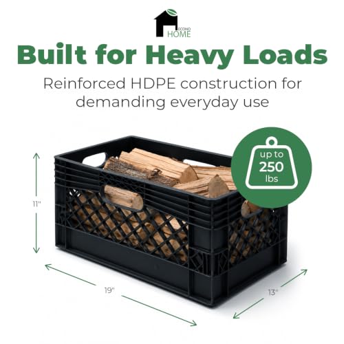 EconoHome Stackable Plastic Milk Crate Black 19x13x11 Storage Bin with Handles
