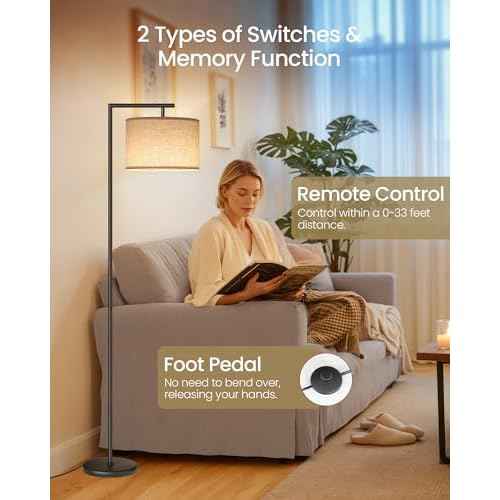 Modern Dimmable Floor Lamp for Living Room with Adjustable Color Temperature LED Bulb, ARC Standing Lamp with Remote Control, Tall Reading Lamp for Bedroom, Office, Black, E11LD05