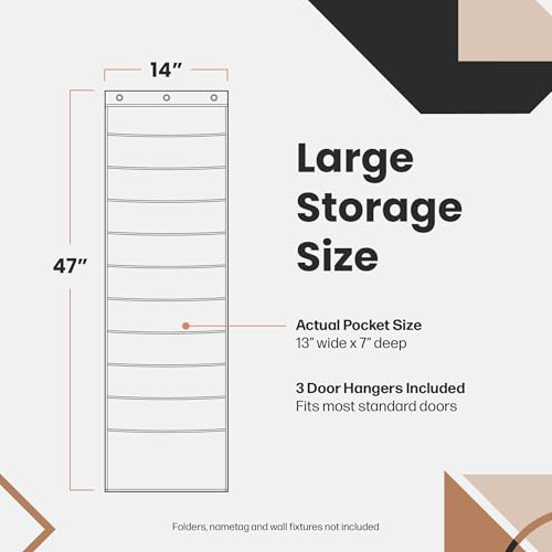 Black Pocket Chart for Classroom - 10 Pockets with 3 Over Door Hangers, Wall Organizer