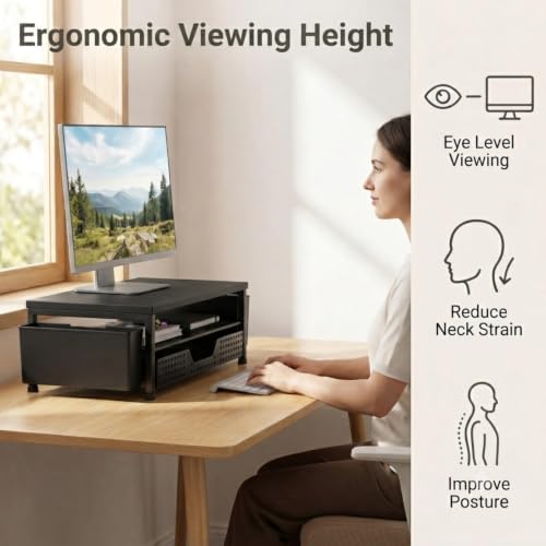 ECOLOVI Black 2-Tier Monitor Stand with Drawer & Pen Holders for Office Desk